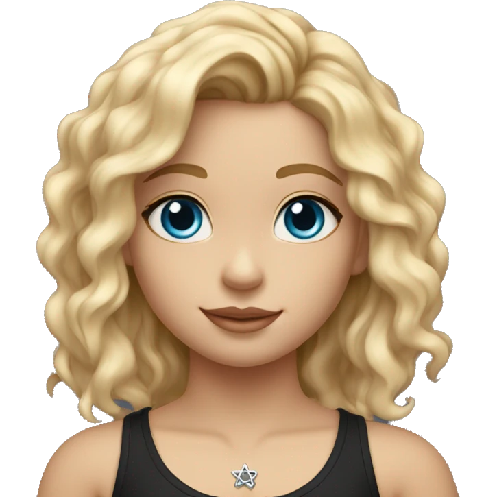 A girl with wavy blonde hair, blue eyes and a black tank top and a silver star of david necklace emoji
