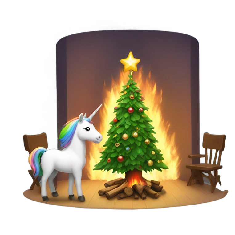 Christmas tree watching a fire with a unicorn.  emoji
