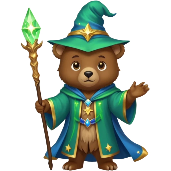 A young bear wizard with a glowing green spell, golden staff and starry blue robes emoji