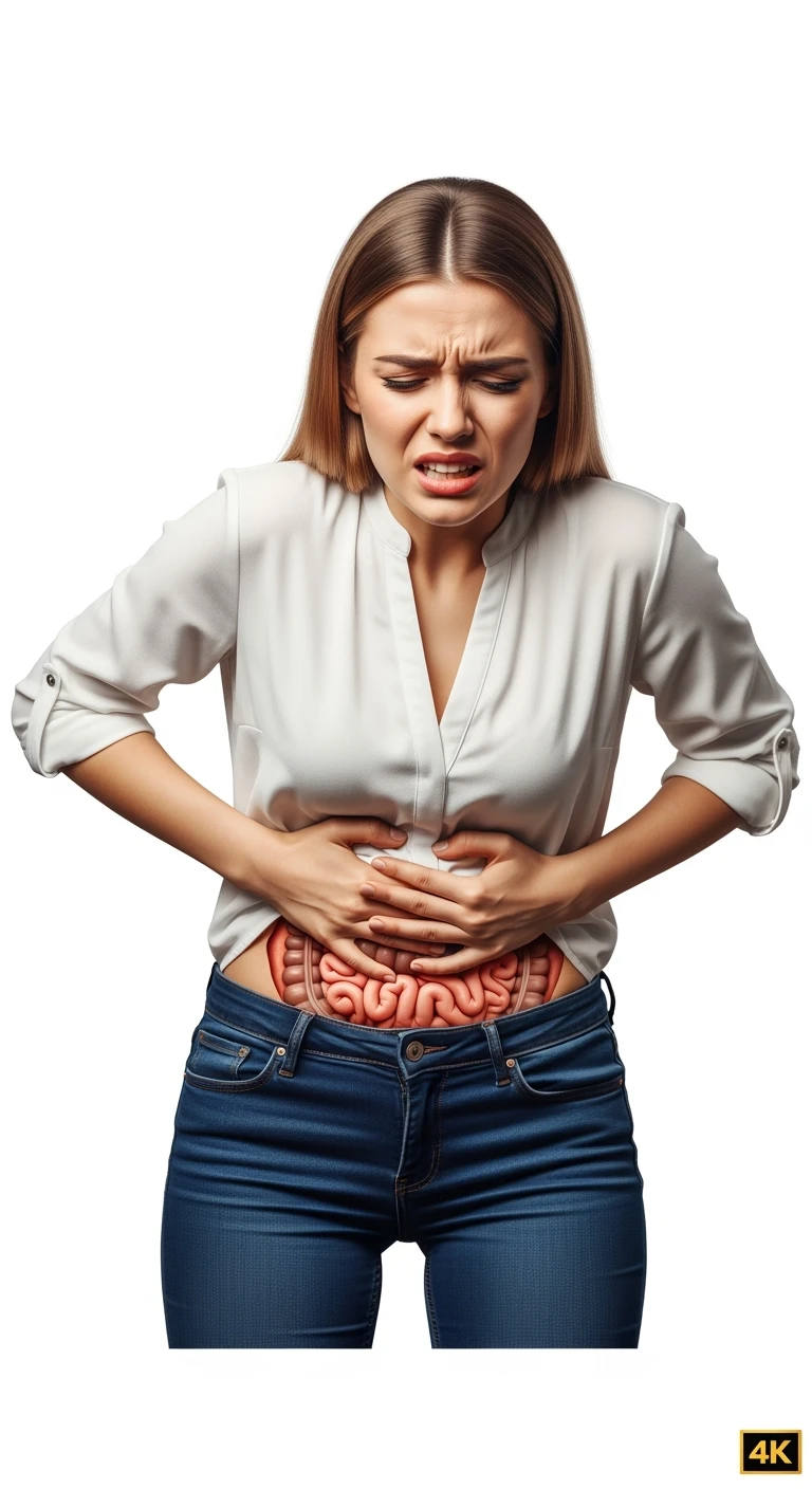 DONNA CHE SI TIENE LA PANCIA DOLORANTE CON INTESTINO VISIBILE, ESPRESSIONE DI DOLORE IN VOLTO, iperrealistico 4k, ISOLATA SU SFONDO BIANCO emoji
