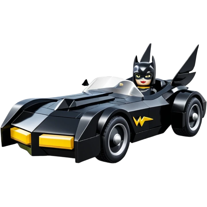  aerodynamic opulent dark knight futuristic concept Catwoman Batgirlmobile loosely based on 1977 Mustang roadster racing Lego (flat long straight faceted mechanical body) winged stealthy street hot rod  emoji