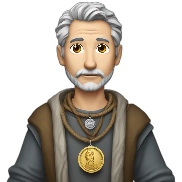 medieval coin engravers guild leader, 50 years old, grey hair, bust, has a necklace with a coin, has a coin in one hand emoji