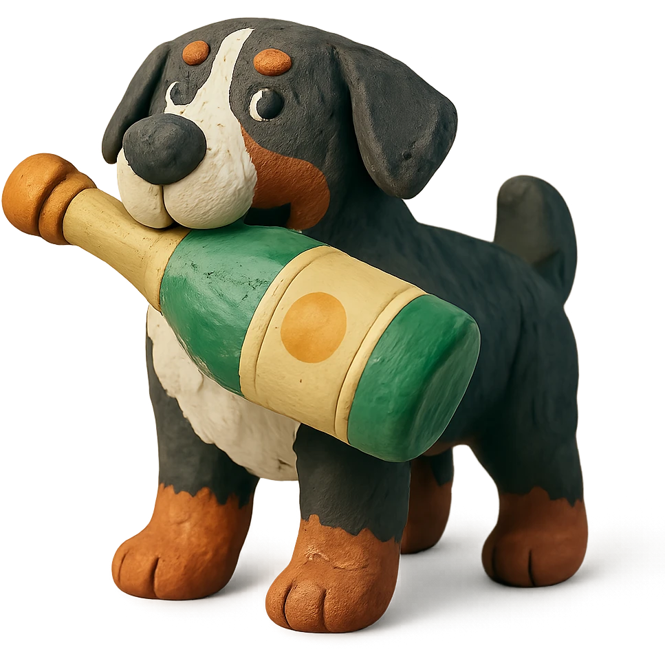 bernese mountain dog with a toy champagne bottle in its mouth, claymation style emoji