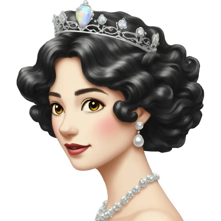 Regal pretty lady crown vintage with long iridescent black and silver hair wavy black hair pearl crown iridescent emoji