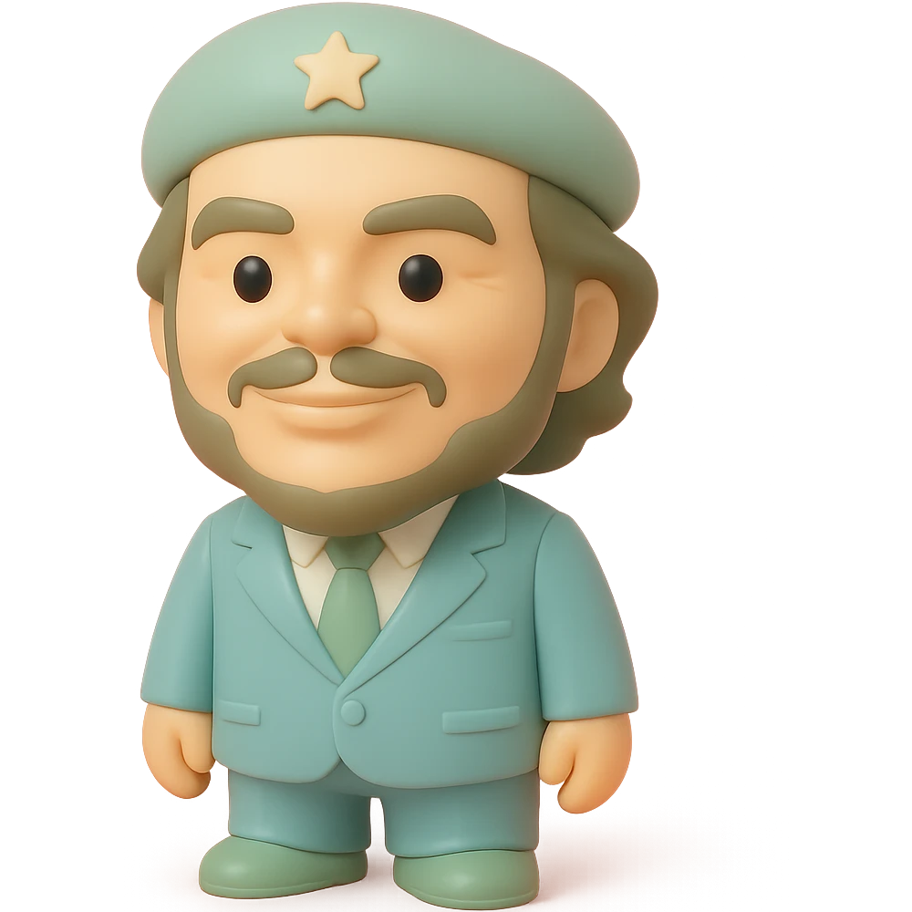 statuette of Che Guevara in a suit and tie, big head, confident smile emoji