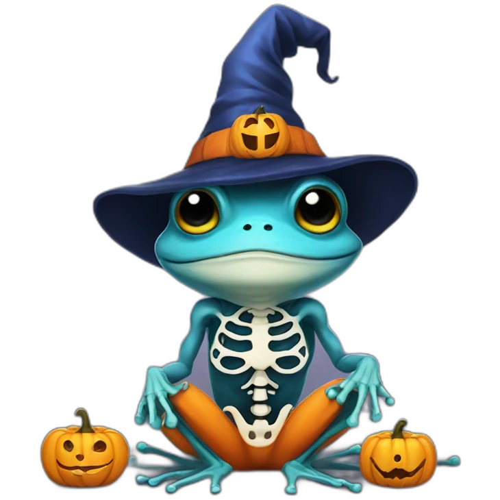 Blue Witch frog with pumpkin with Skeleton outfit emoji