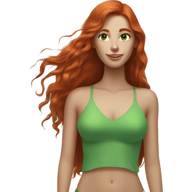 long-haired redhead woman with green eyes, at the beach emoji
