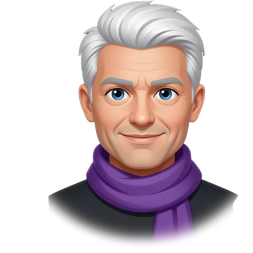Make his scarf purple cloths and hair white and aura black emoji