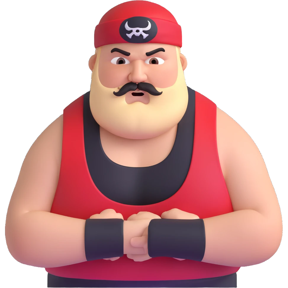 Close-up of extremely fat white skin guy with young face, beard and mustache, no muscle with prominent black durag, black eyes in a red and black wrestling singlet with angry face emoji