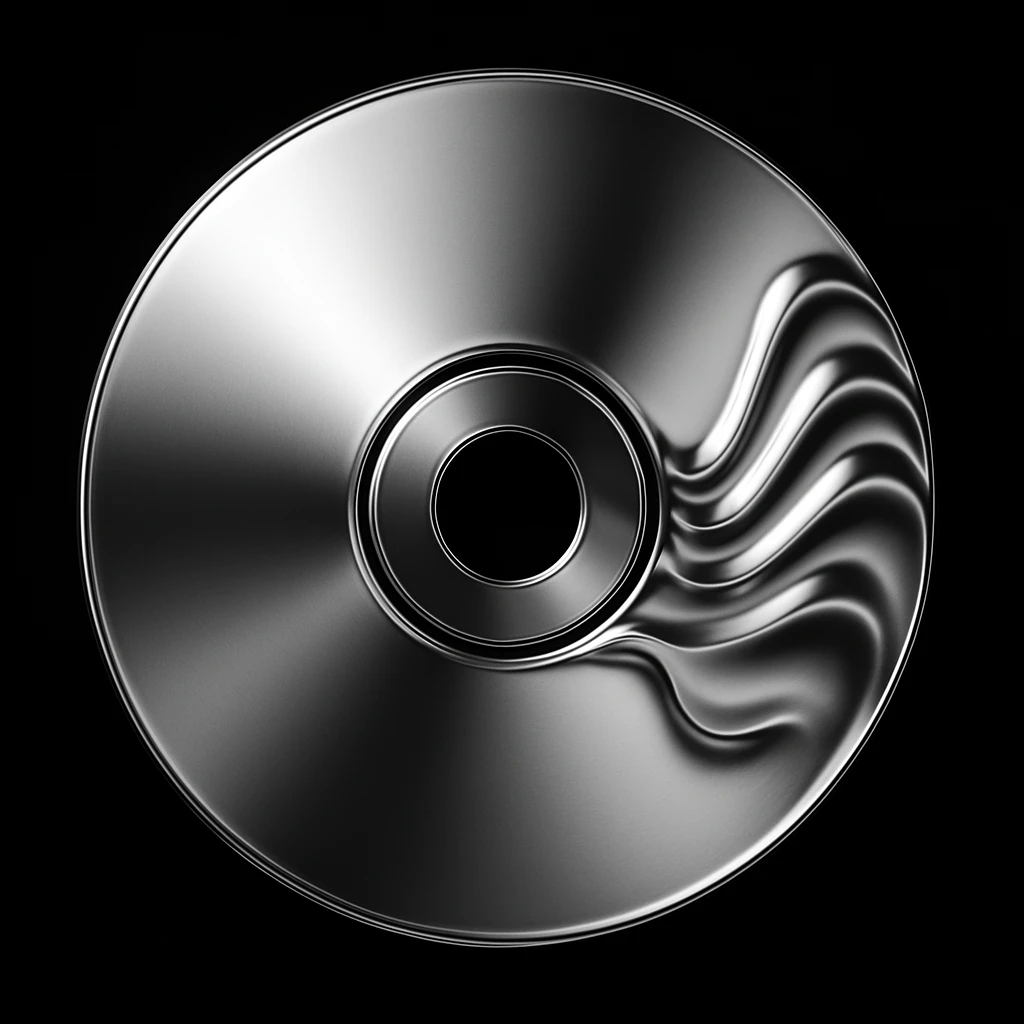 A minimalist CD disc with wave pattern, glowing effect, pink color, chrome style, blue color emoji