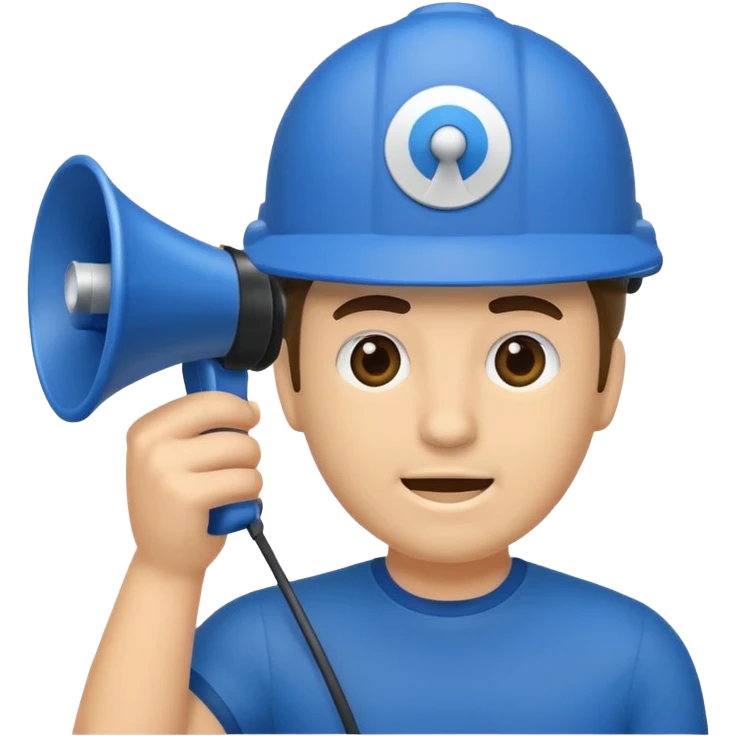 Um homem com capacete azul segurando um megafone emoji