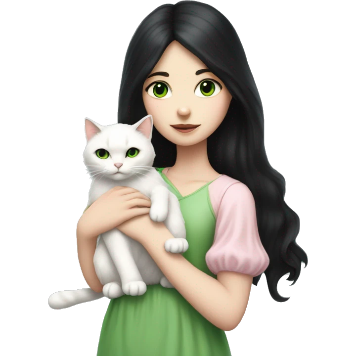 girl with pale skin, very long dark black hair and green eyes and light pink outfit hugging a white fluffy scottish cat emoji