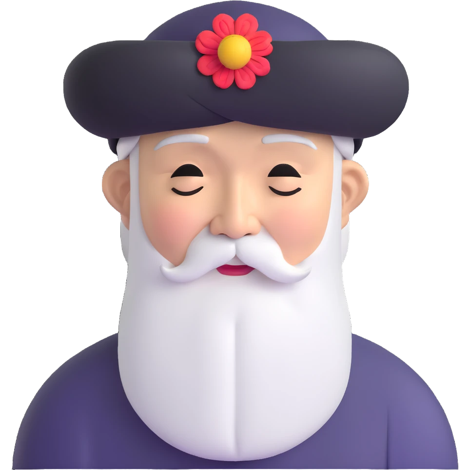 Elderly wise Asian man with long white beard and traditional hat, looking contemplative with eyes closed emoji