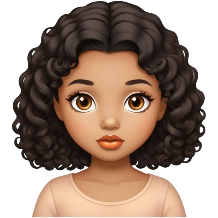 Glamourous, light brown skin tone, very beautiful toddler, with big plump peach-beige lips, long long lashes, black curly smooth short hair, straight parting hair, brown eyes emoji
