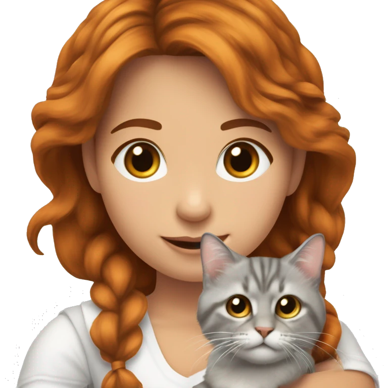 Mädchen mit heller Hautfarbe mit braunem, lockigen Haar mit einer Katze auf dem Arm mit weißem Fell und schwarzen und orangenen Flecken  emoji