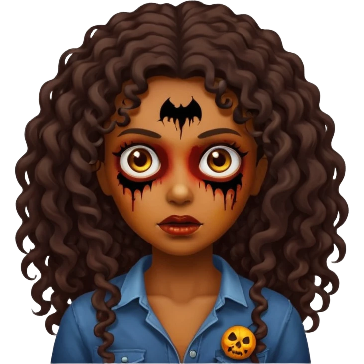 menina morena, cabelo cacheado longo e castanho escuro com rosto de zumbi. emoji