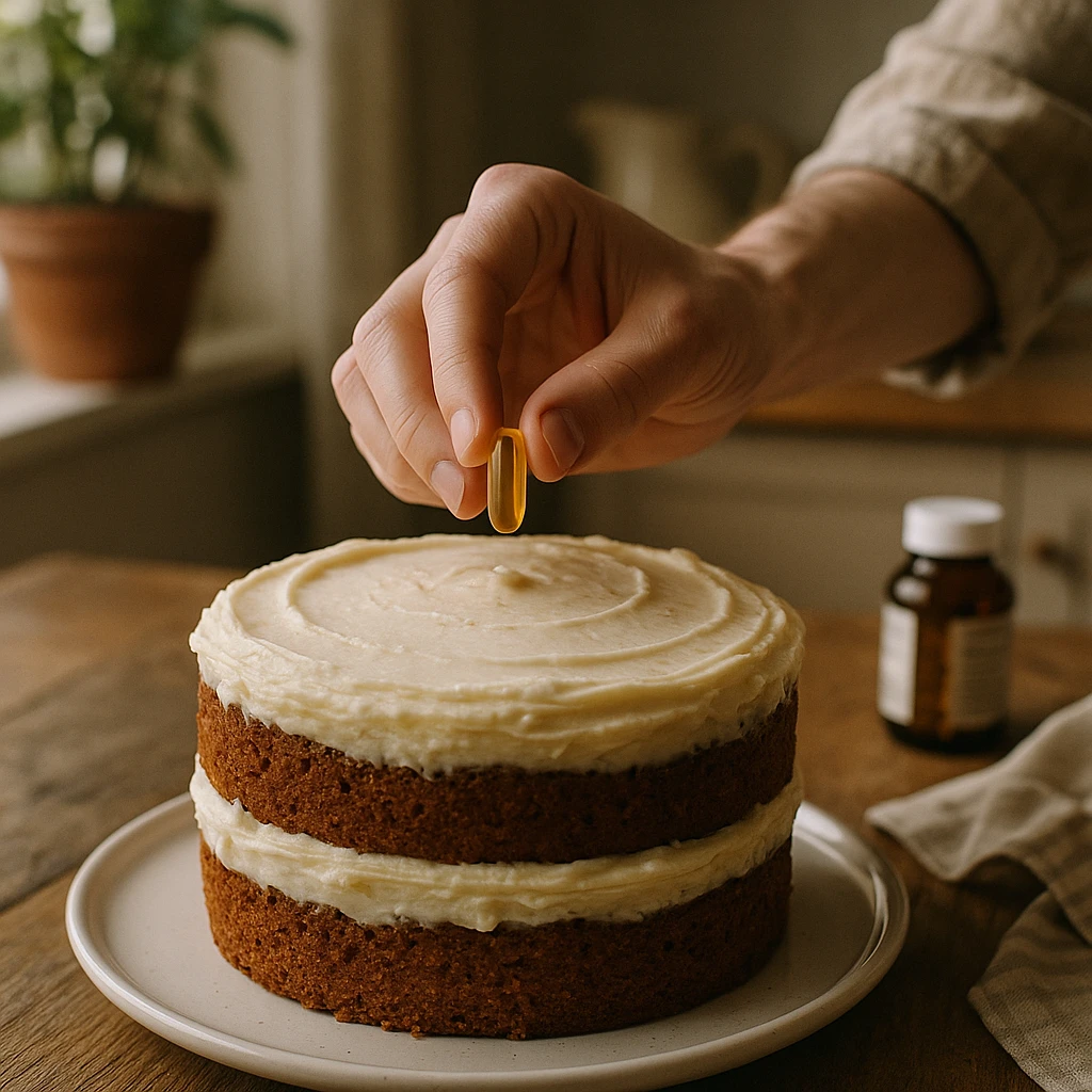 realistic style, a hand adding a supplement capsule as the final touch on a cake, creative atmosphere, realistic details, home environment emoji