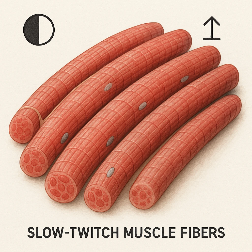 hyper realistic illustration of slow twitch muscle fibers, saturated appearance, low hypertrophy, cellular details, clinical atmosphere, natural colors, white background, symbols indicating saturation and limited growth emoji