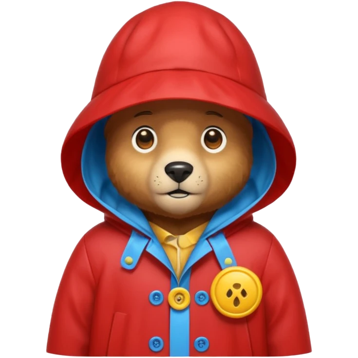 A bear in a red rain hat and a blue raincoat with yellow buttons down the middle emoji