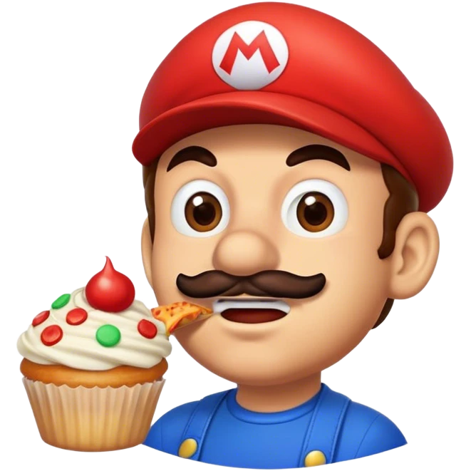 Mario eating a cupcake and a pizza emoji