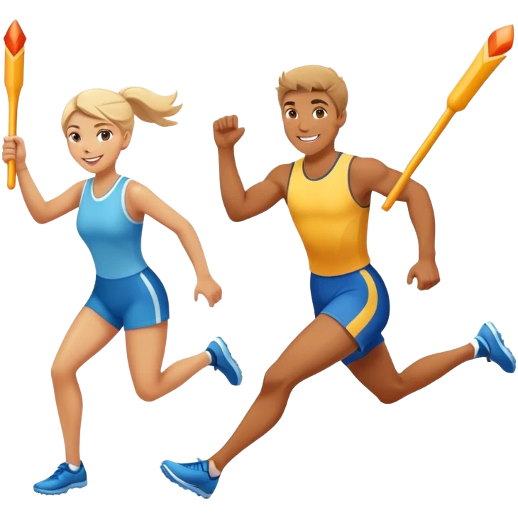 Show two smiling team members passing of bright baton in a relay race. One male to 1 female. emoji