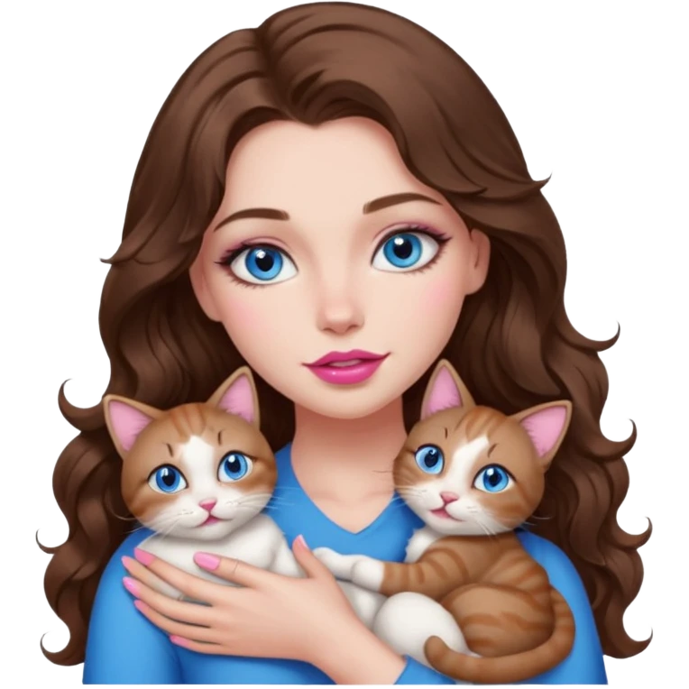 girl with long wavy brown hair, blue eyes, long lashes makeup, sexy pink lips, cuddling with 6 cats emoji