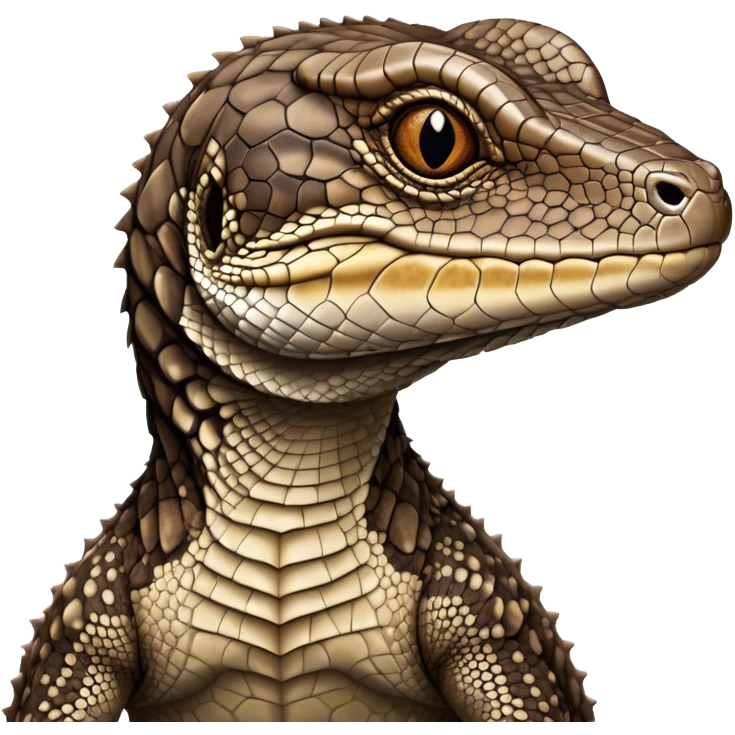 Cinematic Noble brown camo spotted monitor Lizard Portrait Emoji, Poised and regal, with a robust, scaled body exhibiting striking, mottled patterns and piercing, alert eyes, Simplified yet sharp and sophisticated features, highly detailed, glowing with a soft, earthy glow, high shine, intelligent and formidable, stylized with an air of ancient wilderness, focused and commanding, soft glowing outline, capturing the essence of a watchful and confident reptilian guardian that appears ready to stride out of the screen with effortless authority! emoji