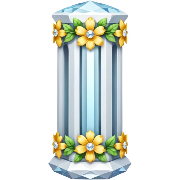 generate beautiful white crystal pillar intricate front view more beautiful with flowers wrapping around the pillar make the pillar made of diamond emoji