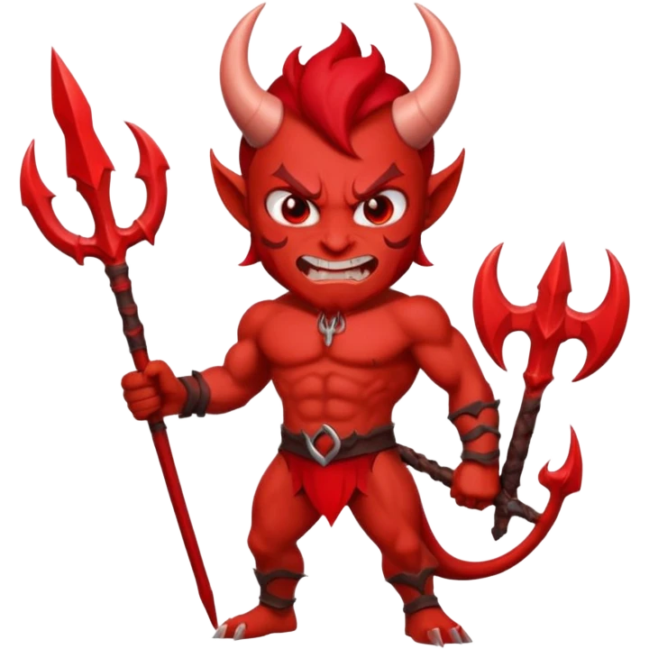 Emoji-style devil: red skin, horns, muscular body, red trident, angry face, emoji