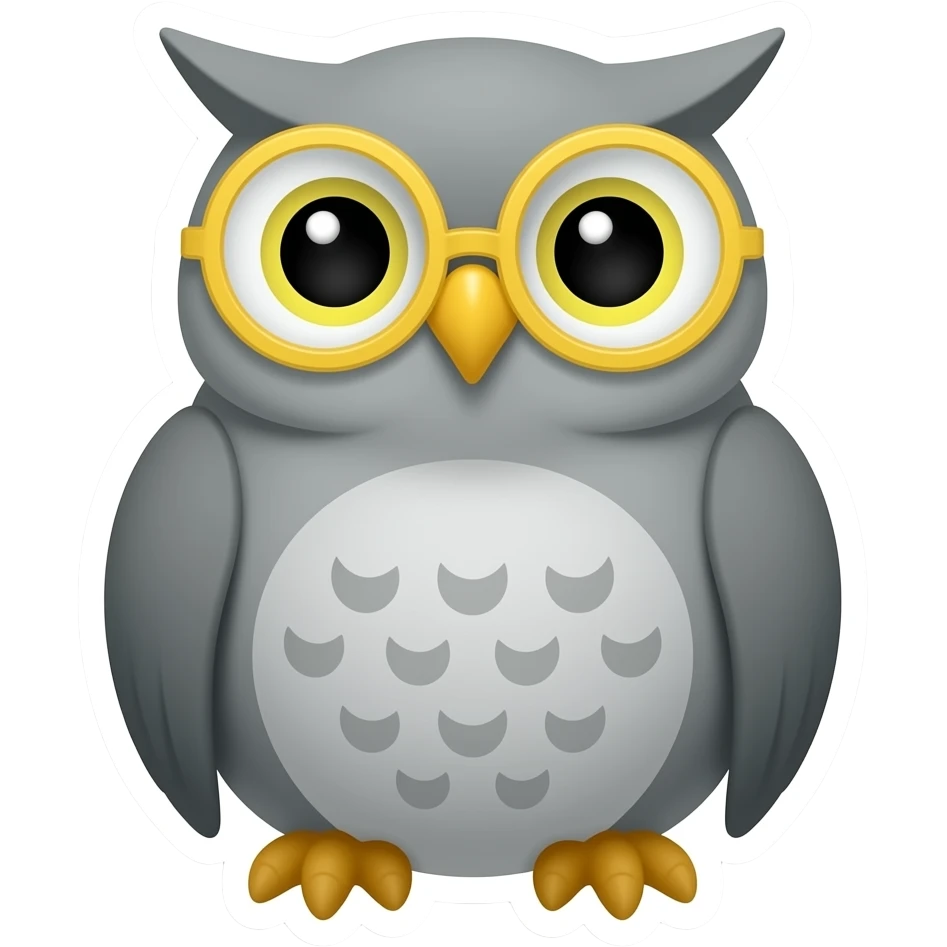 Create a set of stickers with an grey owl wearing round yellow glasses emoji