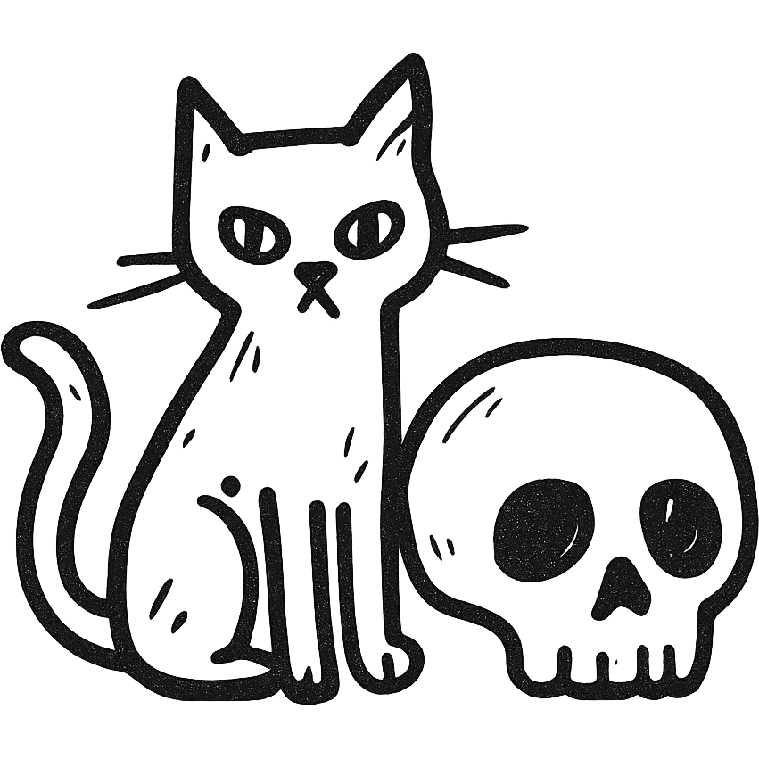 black cat sitting next to a skull, hand-drawn sketch line art style emoji