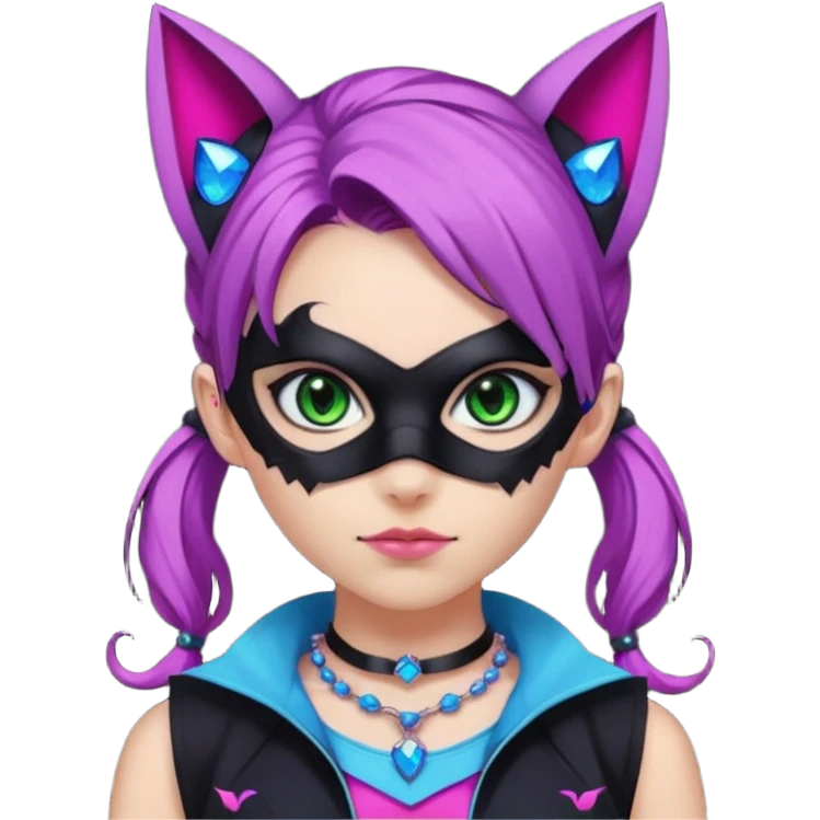 Girl with green eyes, wearing a bat mask with pink stones, and her hair tied in a ponytail, the hair is purple, blue, and pink streaks, with black cat ears with pink stones, wearing a black shirt that covers the neck, and a sleeveless blue jacket, and a necklace of pink stones emoji
