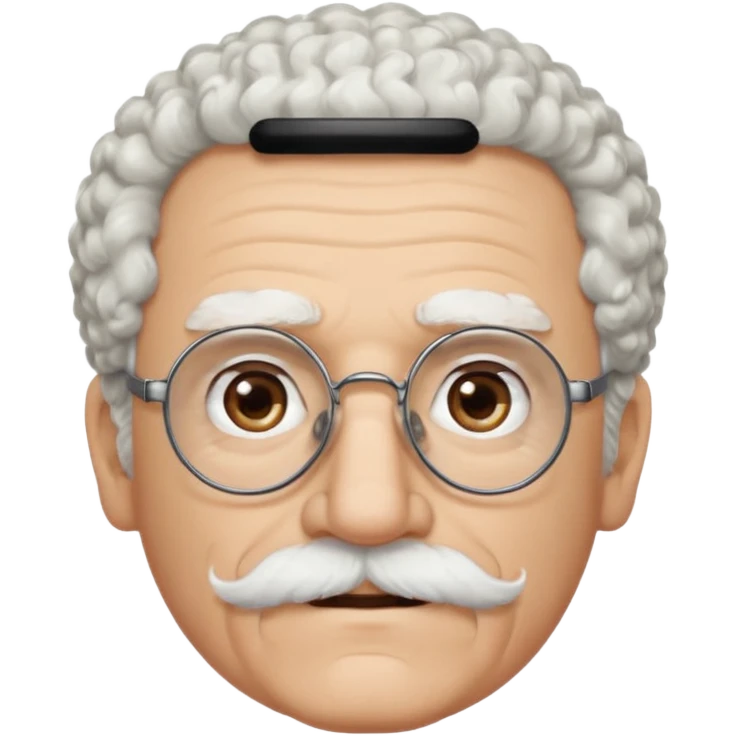 An elderly man emoji with light skin, fluffy curly white hair, thick white eyebrows, brown eyes behind black-framed glasses, a small nose, and neatly groomed white facial hair — a mustache and a short goatee. emoji