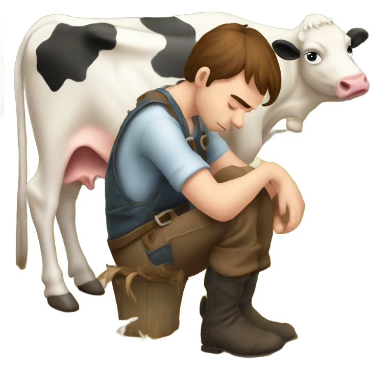 Farm boy milking cow but he is sad emoji