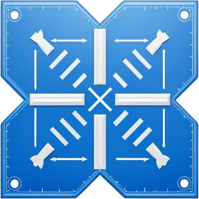 blue blueprint with white lines, an X mark in one corner and a dotted path leading to the mark emoji