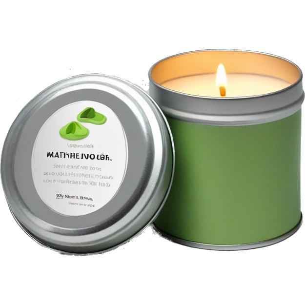 realistic, lit matcha scented candle, silver tin, small white label, text emoji