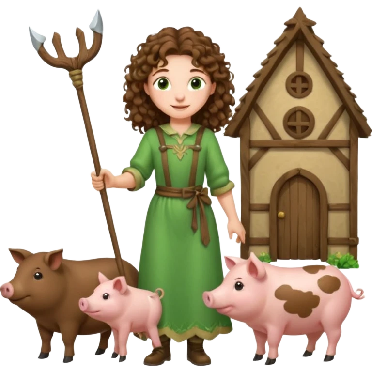 happy young shepard, long curly brown hair, in green magical outfit, with wooden shepard stick in hand, taking care of pigs emoji
