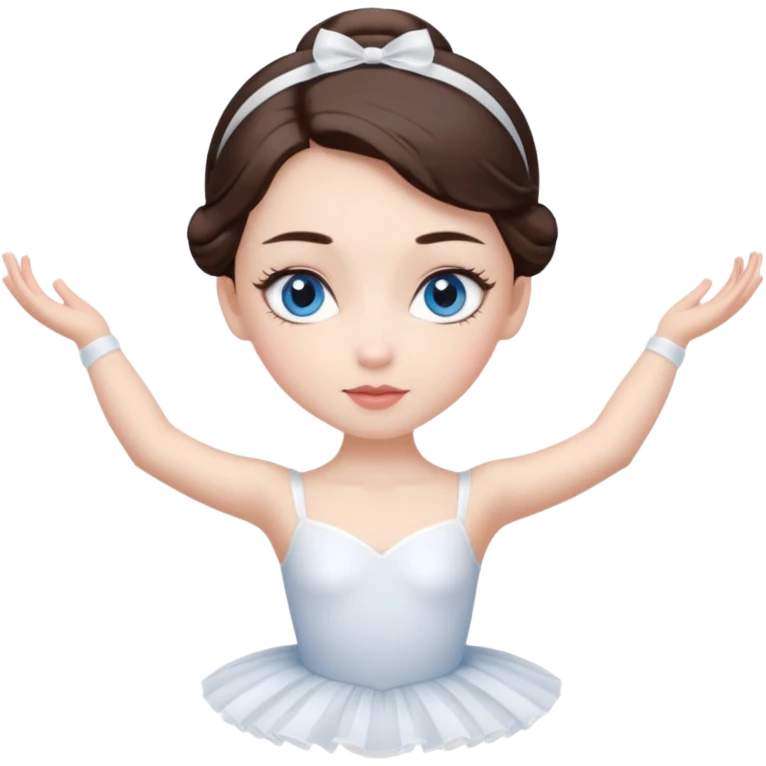 Realistic Ballerina Portrait, with porcelain-like skin featuring a natural rosy flush, illuminated by soft lighting that highlights the gentle contours of her face. Her Brunette hair flows in soft, Her deep blue eyes radiate warmth and innocence, framed by arched brows and long lashes. emoji