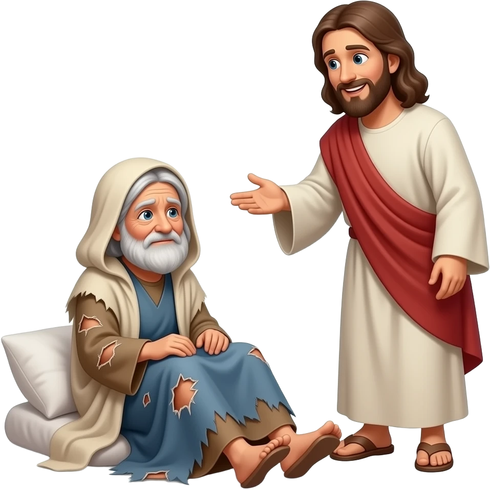 A full bodied old sick and sad woman Who is poor sitting on the ground unable to walk and dress in tattered biblical clothing and Jesus stops to talk to him With a smile on his face emoji