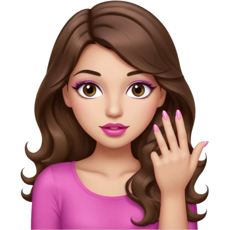 girl with long wavy brown hair, brown eyes, light to medium complexion, in a pink sexy top, pink lips, long lashes, puckered lips, showing my manicure one hand emoji