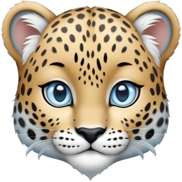 Cinematic-Noble-Snow-baby Leopard-Portrait-Emoji – Poised and majestic, with a muscular, agile build and a beautifully patterned coat of soft white and grey fur, marked with striking, deep-set, intelligent icy blue eyes, simplified yet sharp and sophisticated zoomed out showing the shoulders emoji
