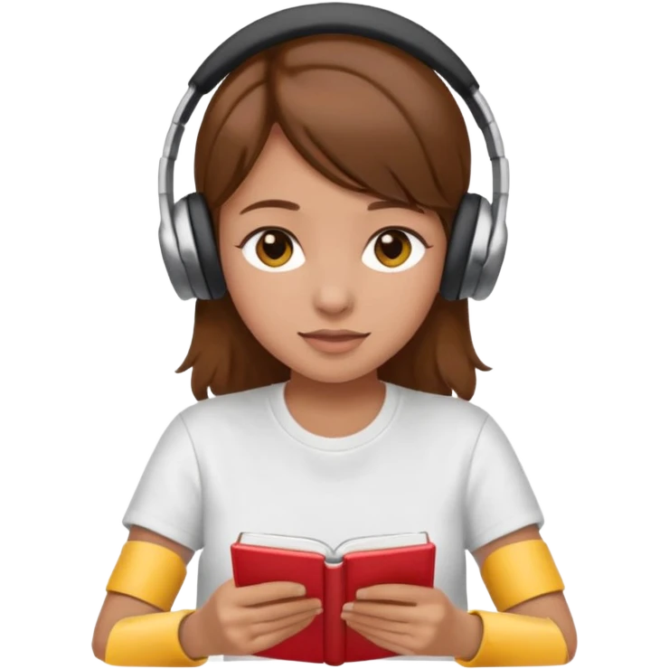 brown-haired girl wearing white t-shirt, headphones, studying, apple emoji style, no background, no text emoji