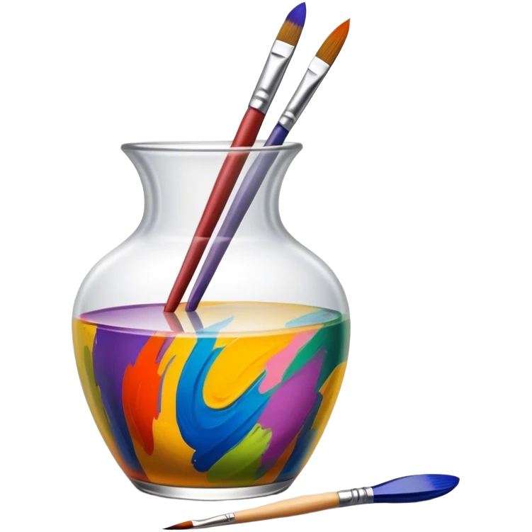 Glass painting icon, colorful brushstrokes on a glass vase, intricate painted patterns on the surface, visible fine paintbrush and palette beside it, no liquid inside the vase, minimalistic style, clean lines, transparent background. emoji