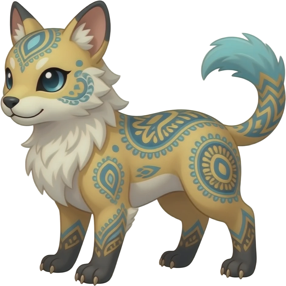 paisley-patterned ancient Short-legged quadrupedal elegant oriental feral painted Absol-Glaceon-Sylveon-animal-Fakémon-fusion-hybrid-creature emoji