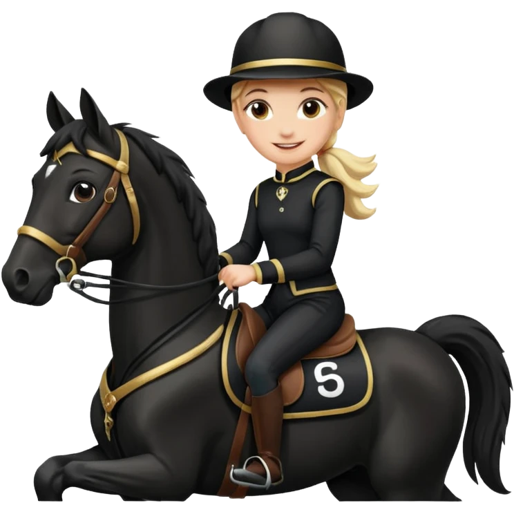 girl racing riding horse wearing racing cloth black with number emoji