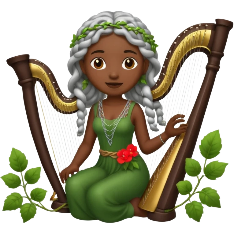 forest emoji character, dark skin woman with silver braids playing harp made of vines emoji
