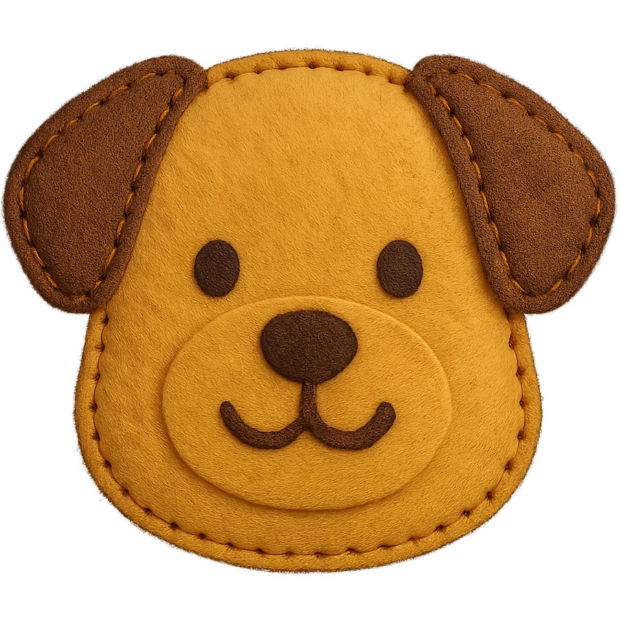 <StylePrompt>
  <Name>Felt Appliqué Plush Style</Name>
  <Description>A soft, handcrafted look inspired by plush felt fabric with visible stitching and a padded 3D texture, rendered on a solid black background.</Description>
  <VisualProperties>
    <Material>Felt</Material>
    <Texture>Soft, fuzzy, with slight fiber detail</Texture>
    <Stitching>
      <Type>Thick thread</Type>
      <Color>Orange or slightly darker tone than fabric</Color>
      <Pattern>Uniform running stitch along outer edge</Pattern>
    </Stitching>
    <Padding>High, plush-like 3D depth</Padding>
    <Edges>Rounded corners</Edges>
    <ColorPalette>
      <Primary>Warm yellow/orange tones</Primary>
      <Accent>Brown or dark orange for facial features and outline</Accent>
      <Background>Black</Background>
    </ColorPalette>
  </VisualProperties>
  <Rendering>
    <Lighting>Soft, even studio lighting</Lighting>
    <Shadows>Subtle drop shadows for depth</Shadows>
    <Perspective>Flat front-facing, symmetrical if applicable</Perspective>
  </Rendering>
  <Applicability>
    <SubjectType>Any object, animal, or letterform</SubjectType>
    <OutputFormat>Icon, emoji, patch-style graphic</OutputFormat>
  </Applicability>
</StylePrompt>

{subject} = dog emoji
