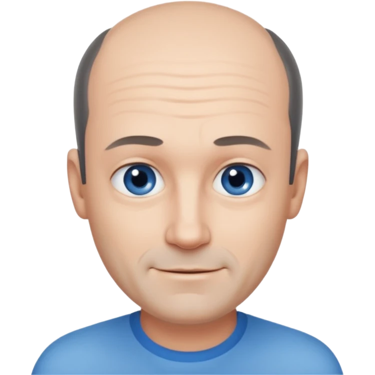 Middle aged man with black-greyish receding hairline, small blue eyes, clear face, shy smile emoji