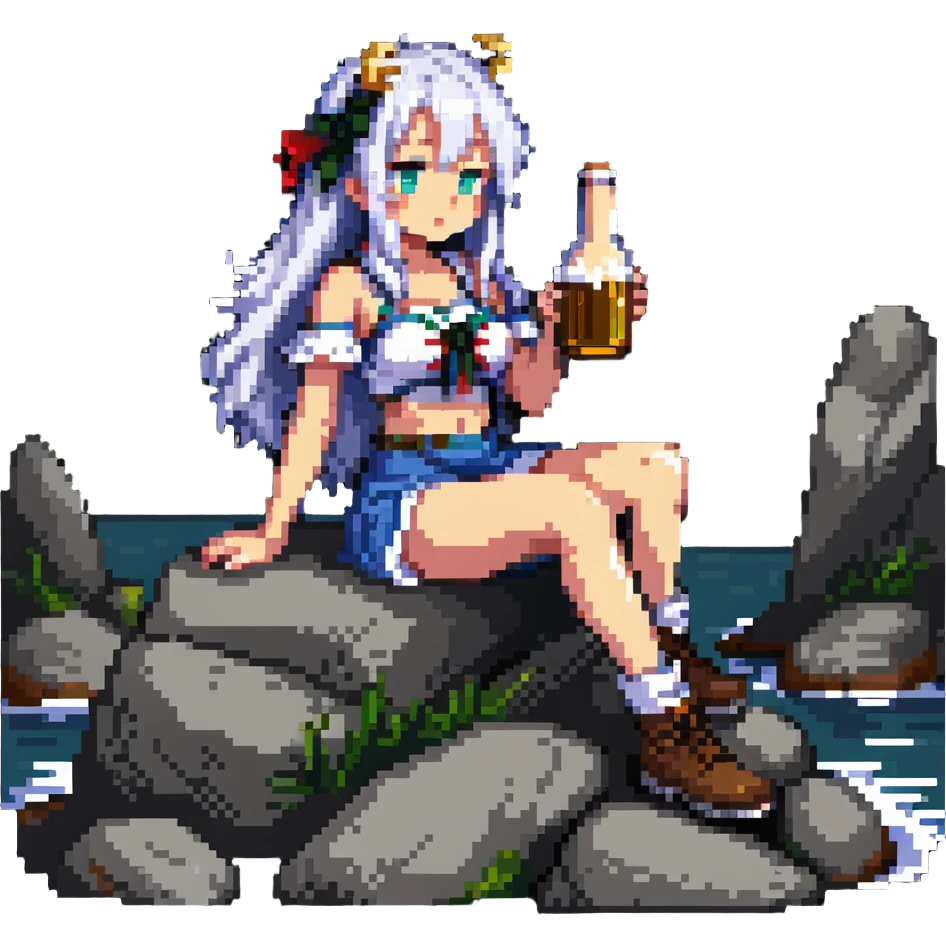 Azov-chan drinking beer while sitting on a big rock emoji