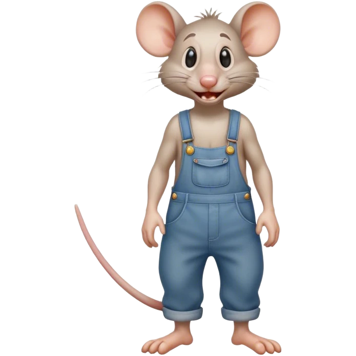 dizzy cartoon hillbilly rat wearing overalls no shirt. standing and talking full body. human eyes. teeth showing talking emoji